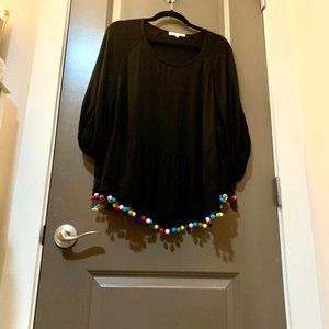 Black Loose Blosson Sleeve Blouse with Pom Trim